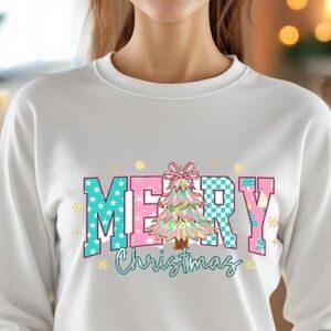 Merry Christmas T-shirt Whimsical White with Pink, Green S M L XL XXL Custom